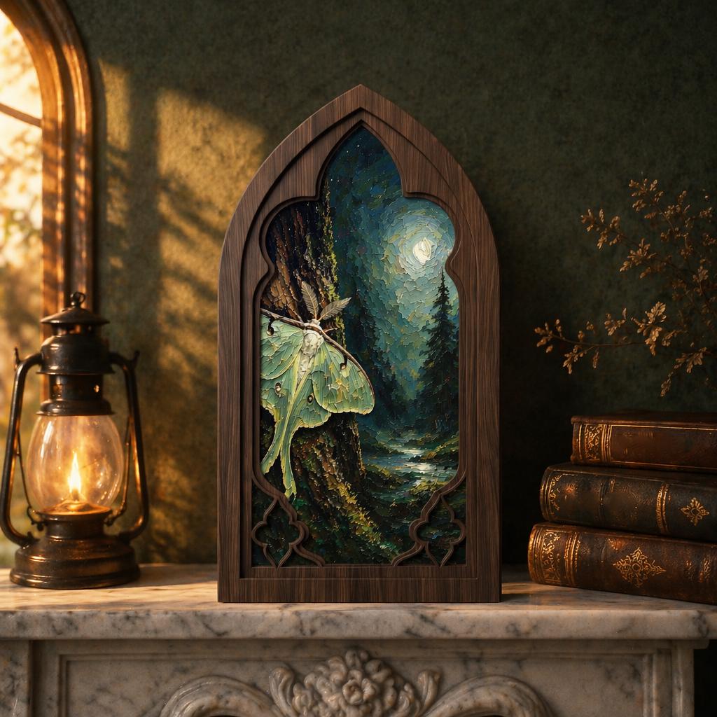 Luna Moth Wall Art, Gothic Window Wood Frame, Moonlit Forest Nature Painting, Cottagecore Decor, Dark Academia Wall Art, Woodland Home Gift - Image 2