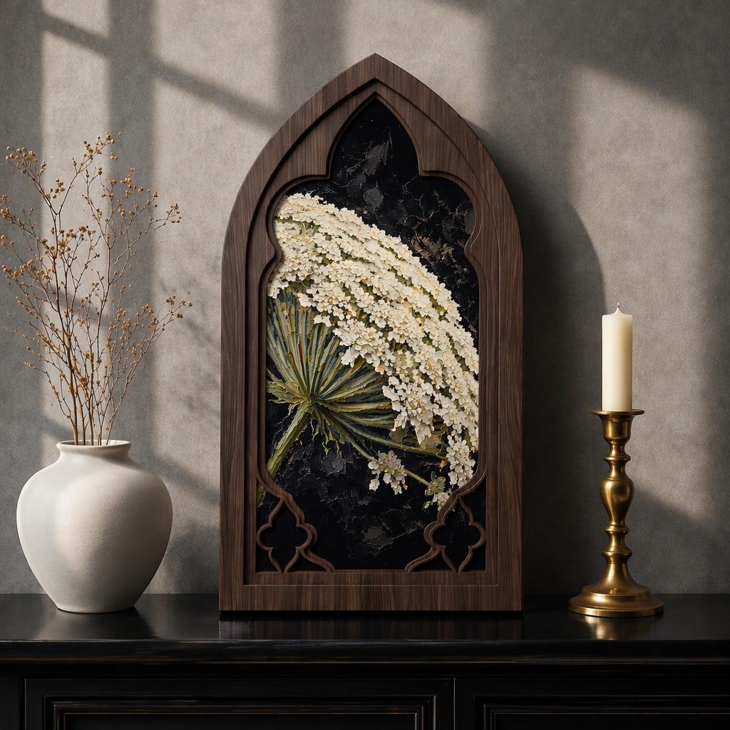 Queen Anne's Lace Wall Art, Gothic Window Wood Frame, Vintage Botanical Floral Painting, Cottagecore Decor, Nature Lover Gift - Image 1