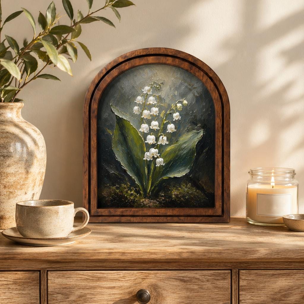 Botanical Lily of the Valley Wall Art, Wooden Arched Picture Frame, Antique Floral Cottagecore Decor, Garden Lover Gift, Housewarming Gift - Image 3