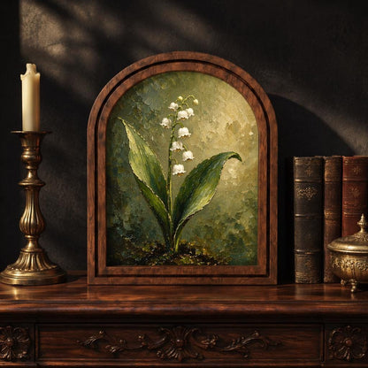 Botanical Lily of the Valley Wall Art, Wooden Arched Picture Frame, Antique Floral Cottagecore Decor, Garden Lover Gift, Housewarming Gift - Image 1
