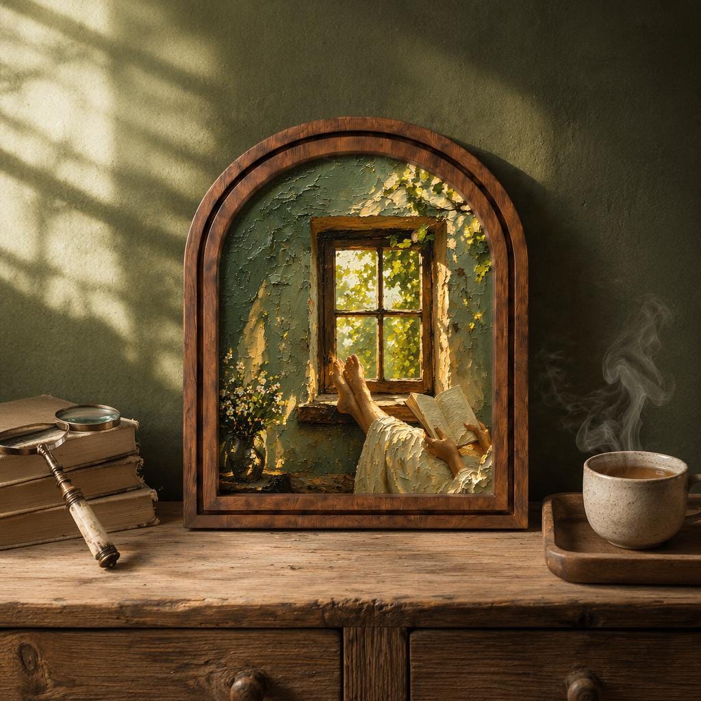 Cozy Window Reading Nook Wall Art, Sunlit Rustic Book Lover Painting in Arched Wood Frame, Cottagecore Literary Decor, Reader Gift - Image 3