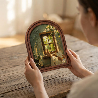 Cozy Window Reading Nook Wall Art, Sunlit Rustic Book Lover Painting in Arched Wood Frame, Cottagecore Literary Decor, Reader Gift - Image 6