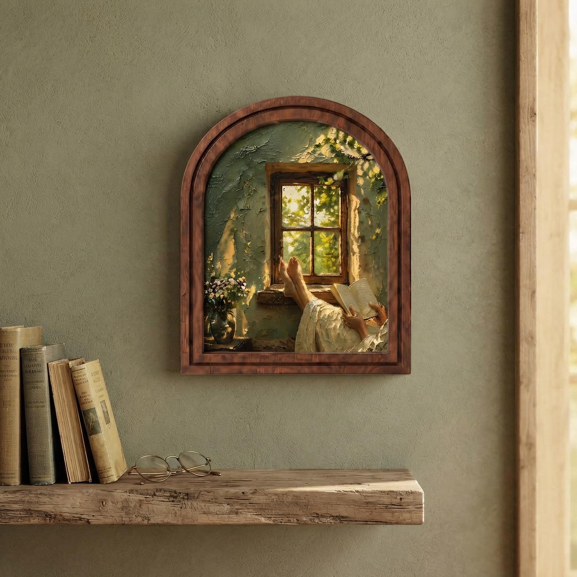 Cozy Window Reading Nook Wall Art, Sunlit Rustic Book Lover Painting in Arched Wood Frame, Cottagecore Literary Decor, Reader Gift - Image 5