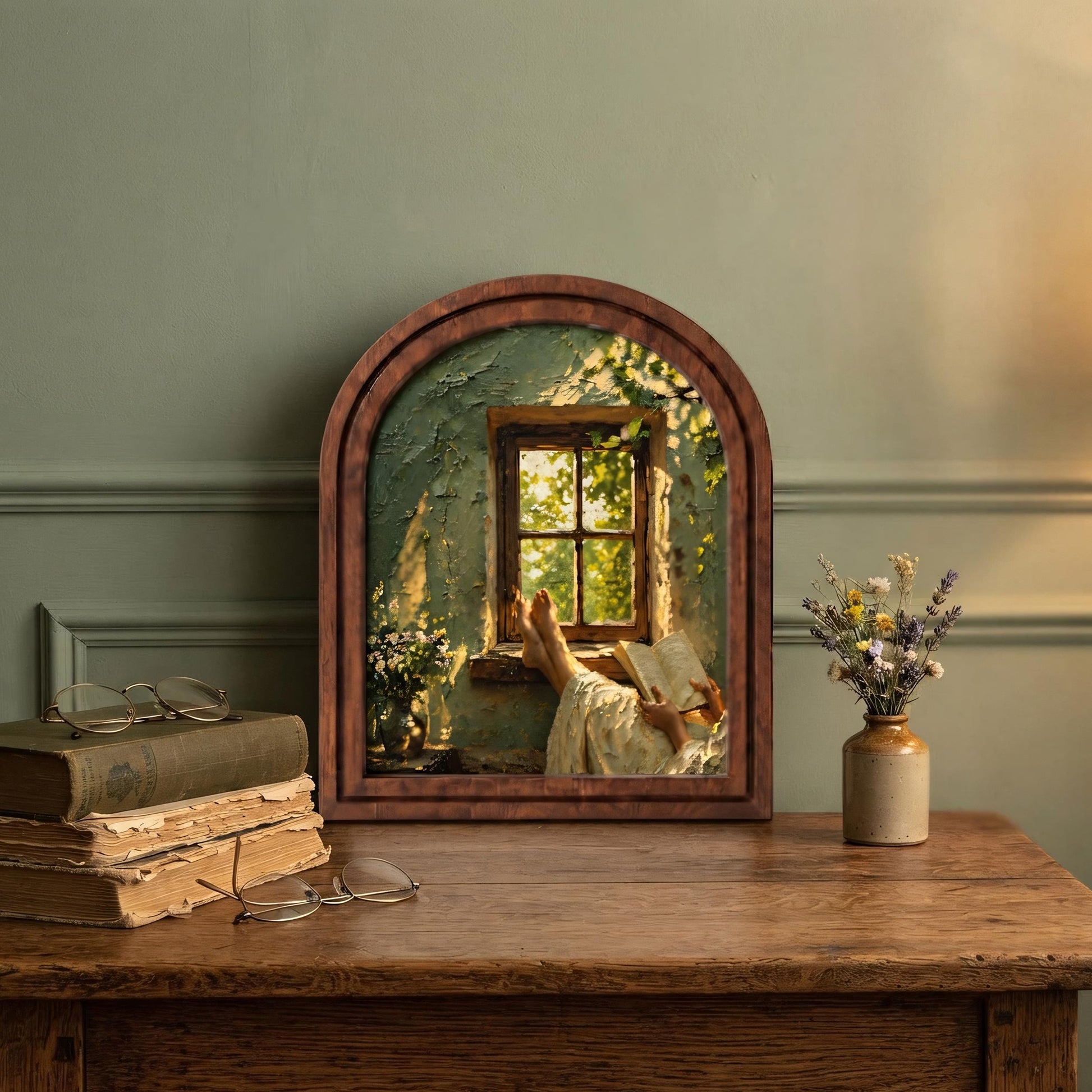 Cozy Window Reading Nook Wall Art, Sunlit Rustic Book Lover Painting in Arched Wood Frame, Cottagecore Literary Decor, Reader Gift - Image 7