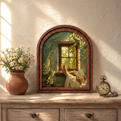 Cozy Window Reading Nook Wall Art, Sunlit Rustic Book Lover Painting in Arched Wood Frame, Cottagecore Literary Decor, Reader Gift - Image 2