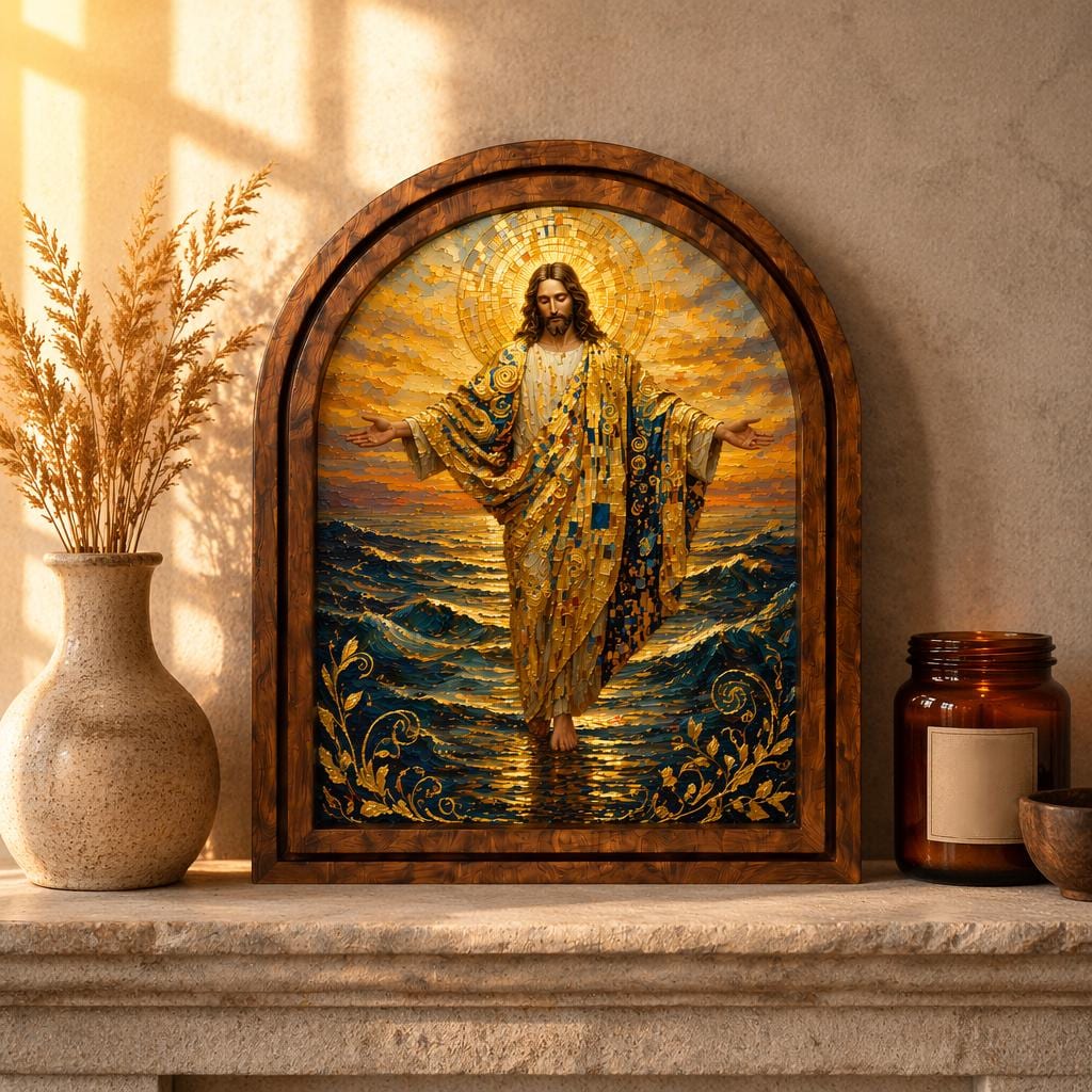 Sacred Jesus Walking on Water Wall Art, Golden Christian Ocean Painting Wood Frame, Arched Picture Frame, Faith Gift, Christian Home Decor - Image 3