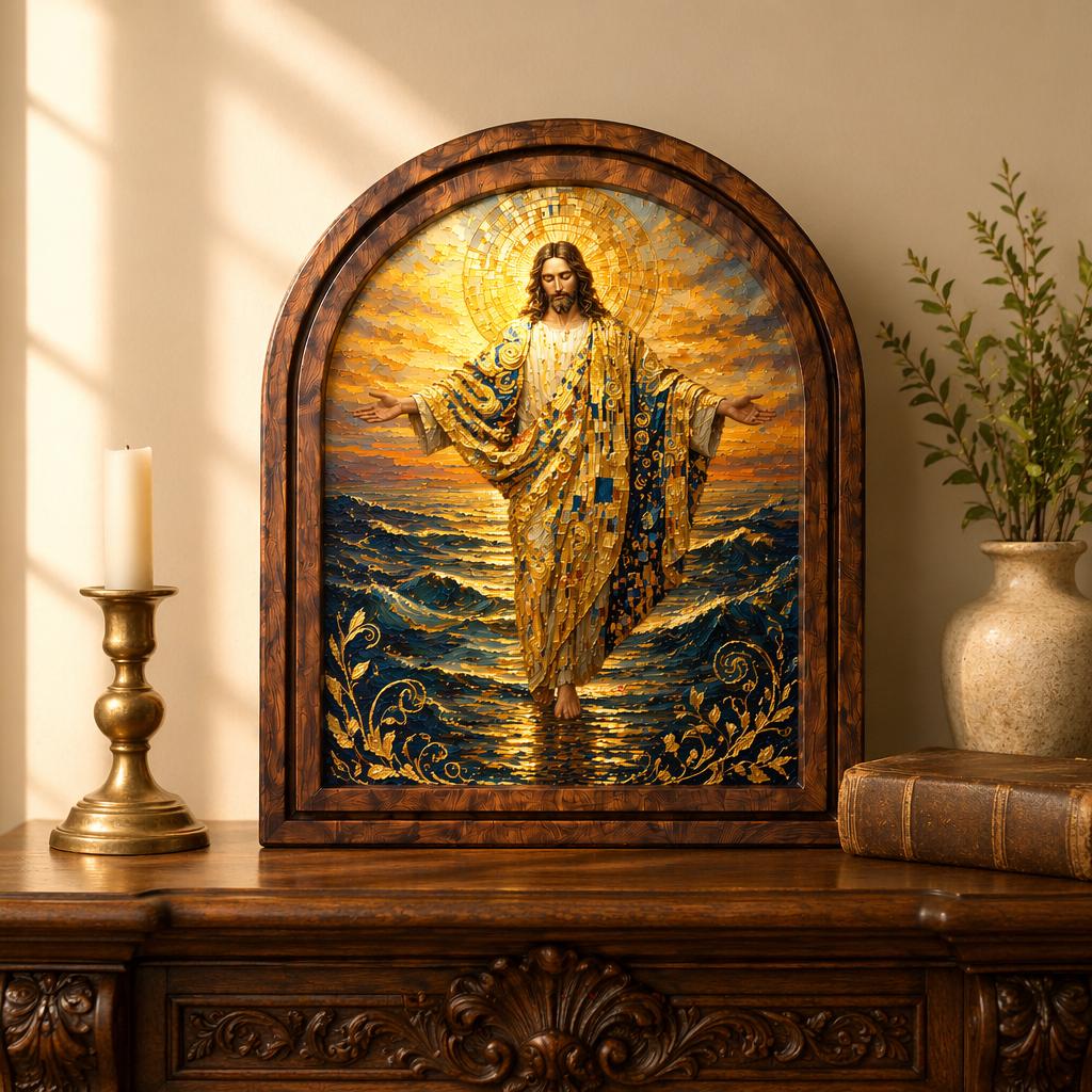 Sacred Jesus Walking on Water Wall Art, Golden Christian Ocean Painting Wood Frame, Arched Picture Frame, Faith Gift, Christian Home Decor - Image 2