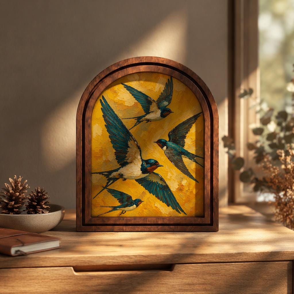 Swallow Bird Wall Art, Flying Barn Swallows Painting Wood Frame, Arched Picture Frame, Bird Lover Gift, Housewarming Decor - Image 3