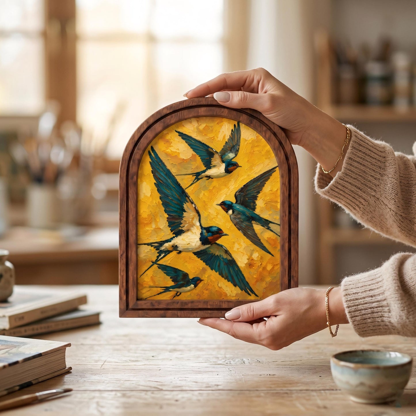 Swallow Bird Wall Art, Flying Barn Swallows Painting Wood Frame, Arched Picture Frame, Bird Lover Gift, Housewarming Decor - Image 4