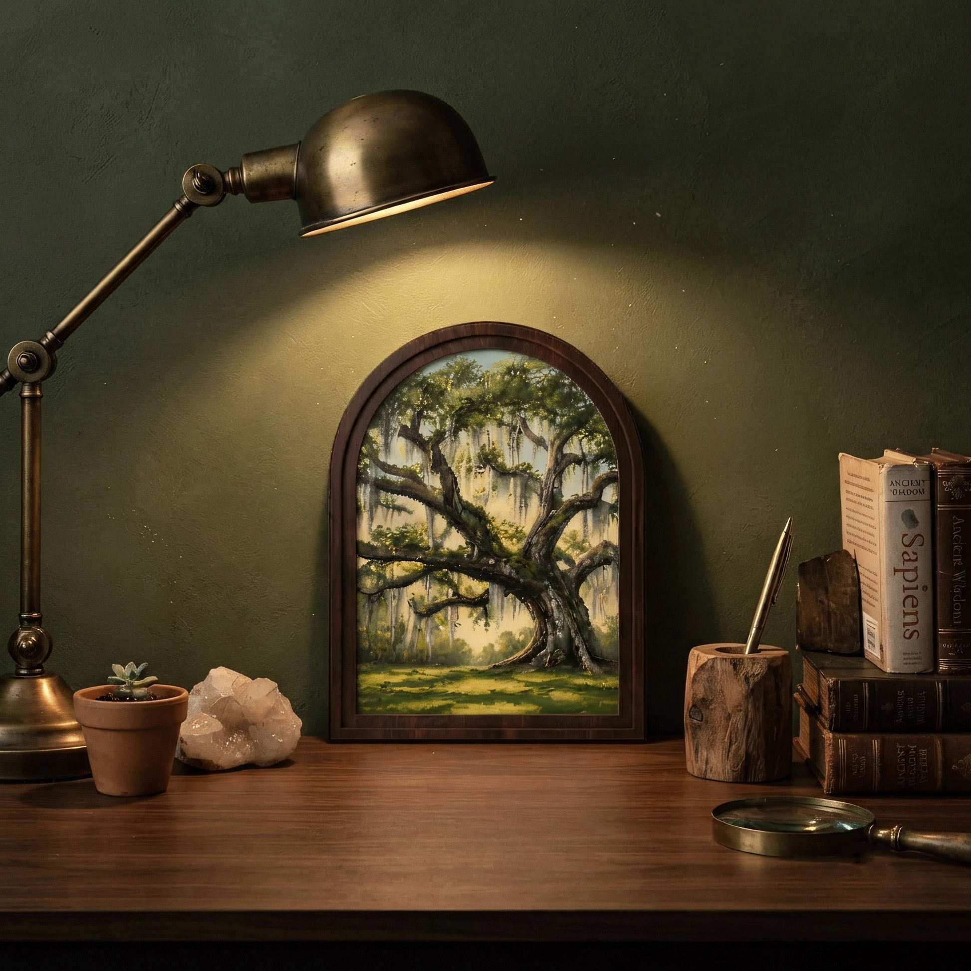 Majestic Live Oak Wall Art with Arched Wood Frame, Southern Landscape Painting, Spanish Moss Tree Decor, Rustic Nature Wall Art - Image 3