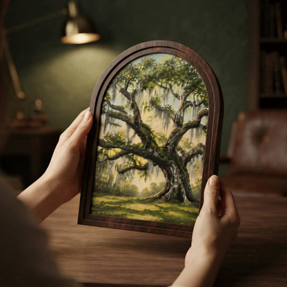 Majestic Live Oak Wall Art with Arched Wood Frame, Southern Landscape Painting, Spanish Moss Tree Decor, Rustic Nature Wall Art - Image 6