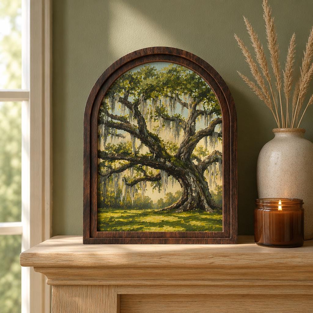 Majestic Live Oak Wall Art with Arched Wood Frame, Southern Landscape Painting, Spanish Moss Tree Decor, Rustic Nature Wall Art - Image 2