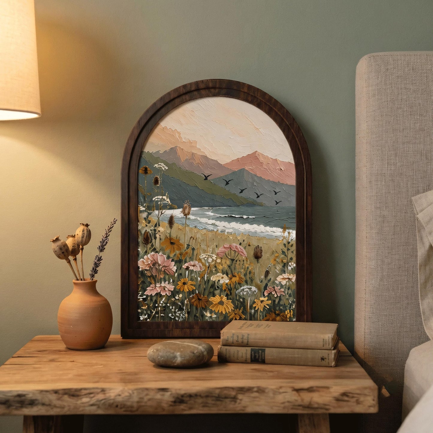 Wildflower Lake Wall Art with Arched Wood Frame, Mountain Landscape Painting, Rustic Nature Decor, Cottage Meadow Wall Art - Image 3