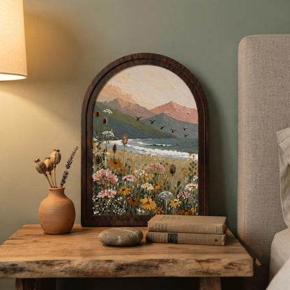 Wildflower Lake Wall Art with Arched Wood Frame, Mountain Landscape Painting, Rustic Nature Decor, Cottage Meadow Wall Art - Image 3
