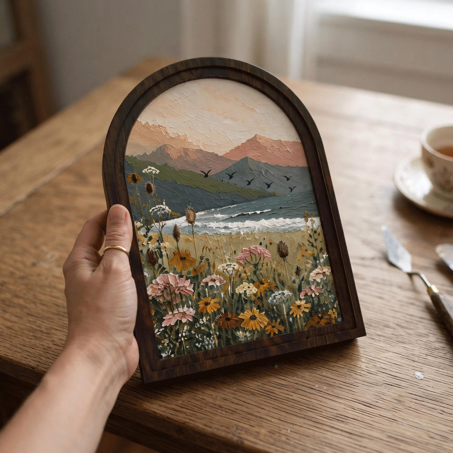 Wildflower Lake Wall Art with Arched Wood Frame, Mountain Landscape Painting, Rustic Nature Decor, Cottage Meadow Wall Art - Image 5
