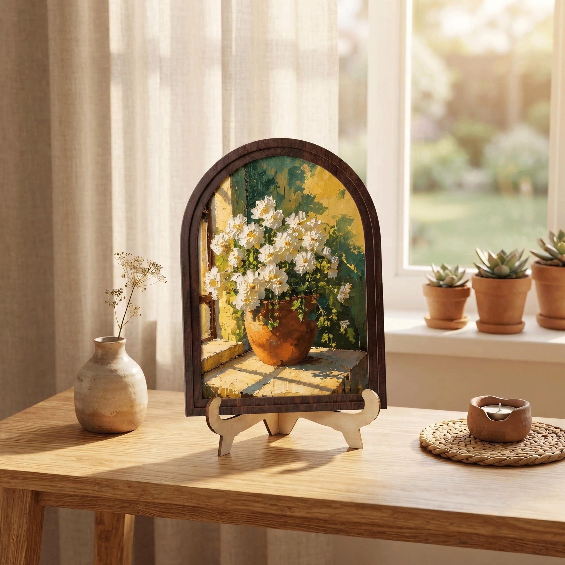 White Blossom Window Wall Art in Arched Wood Frame, Sunlit Floral Still Life, French Country Farmhouse Home Decor - Image 6