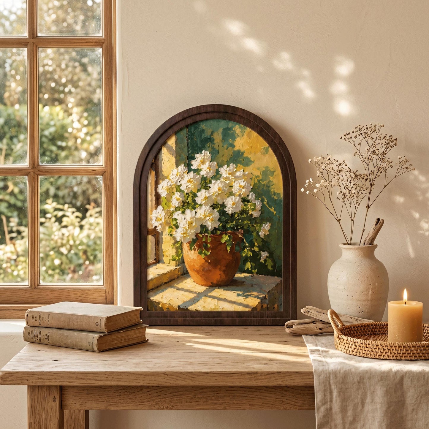 White Blossom Window Wall Art in Arched Wood Frame, Sunlit Floral Still Life, French Country Farmhouse Home Decor - Image 2