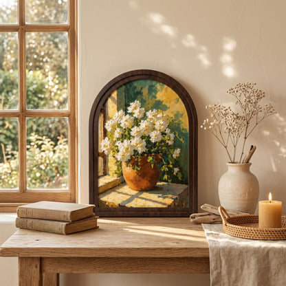 White Blossom Window Wall Art in Arched Wood Frame, Sunlit Floral Still Life, French Country Farmhouse Home Decor - Image 2