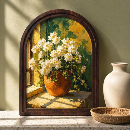 White Blossom Window Wall Art in Arched Wood Frame, Sunlit Floral Still Life, French Country Farmhouse Home Decor - Image 1