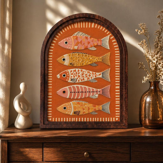 Coastal Fish Wall Art with Arched Wood Frame, Colorful Mediterranean Fish Painting, Rustic Nautical Decor, Beach House Wall Art - Image 1