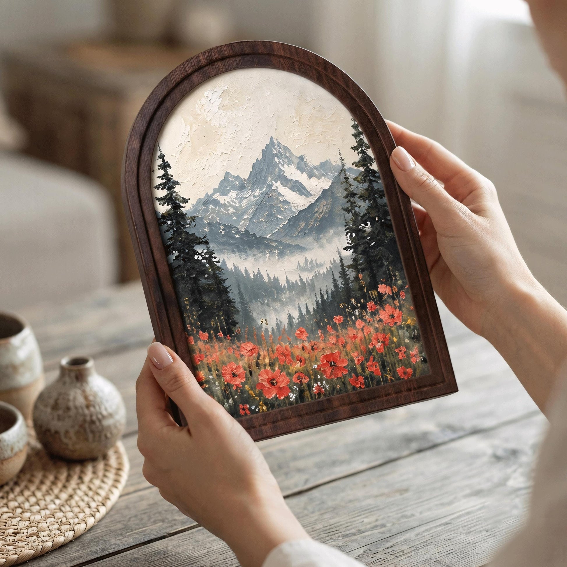 Alpine Mountain Wall Art, Arched Wood Frame, Wildflower Field Landscape, Rustic Cabin Decor, Nature Lover Housewarming Gift - Image 2