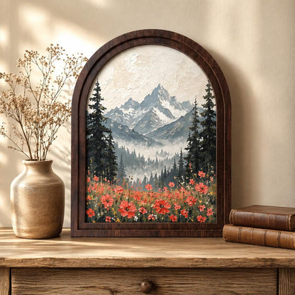 Alpine Mountain Wall Art, Arched Wood Frame, Wildflower Field Landscape, Rustic Cabin Decor, Nature Lover Housewarming Gift - Image 1