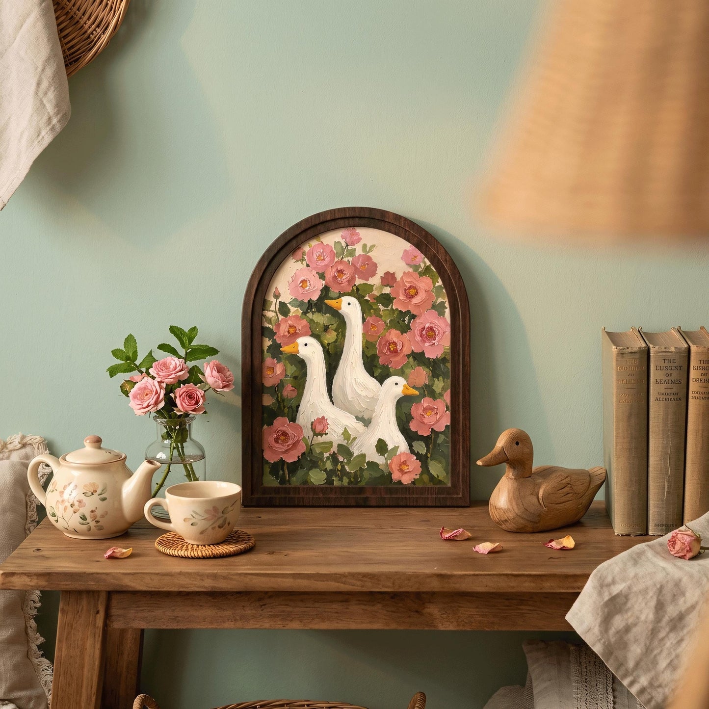 Vintage Goose Garden Wall Art with Arched Wood Frame: White Ducks Among Blooming Pink Roses, Rustic Country Home Decor - Image 2