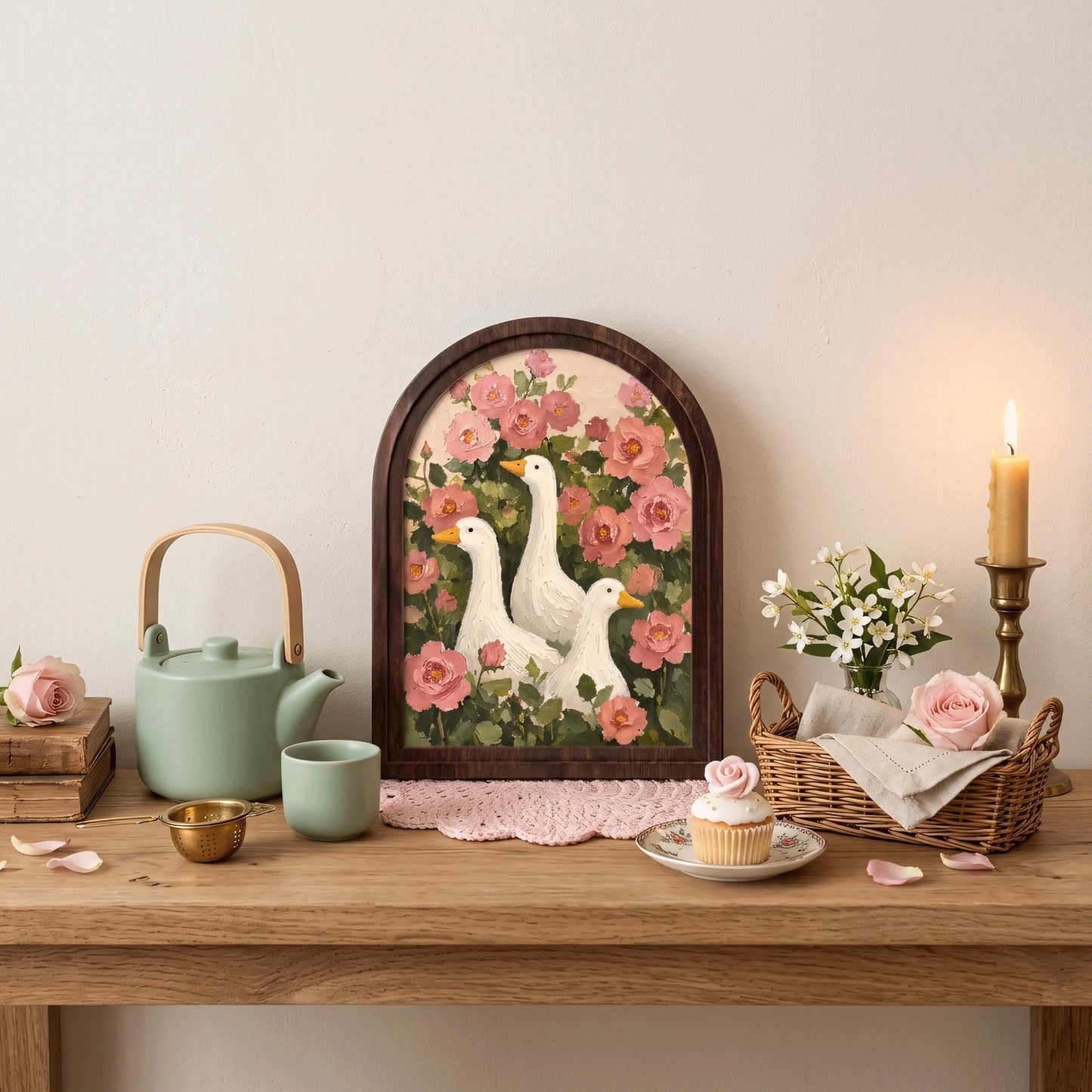 Vintage Goose Garden Wall Art with Arched Wood Frame: White Ducks Among Blooming Pink Roses, Rustic Country Home Decor - Image 5