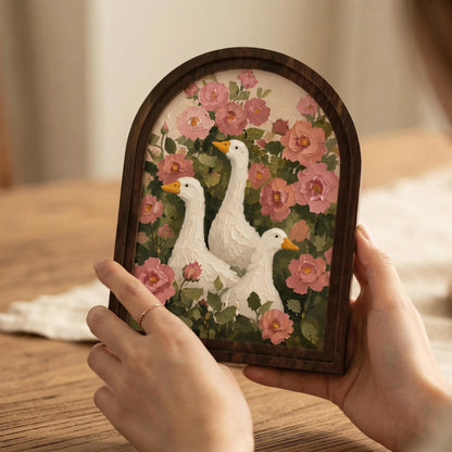 Vintage Goose Garden Wall Art with Arched Wood Frame: White Ducks Among Blooming Pink Roses, Rustic Country Home Decor - Image 4