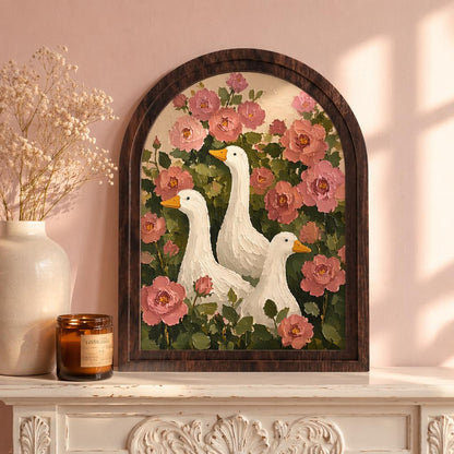 Vintage Goose Garden Wall Art with Arched Wood Frame: White Ducks Among Blooming Pink Roses, Rustic Country Home Decor - Image 1