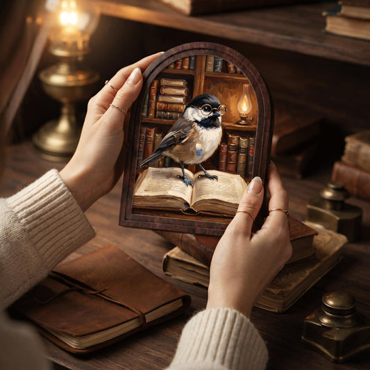 Book Lover Bird Wall Art with Arched Wood Frame, Charming Chickadee Library Painting, Rustic Reading Room Decor, Cozy Cottage Wall Art - Image 2