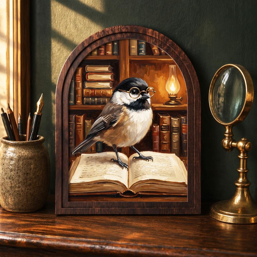 Book Lover Bird Wall Art with Arched Wood Frame, Charming Chickadee Library Painting, Rustic Reading Room Decor, Cozy Cottage Wall Art - Image 1