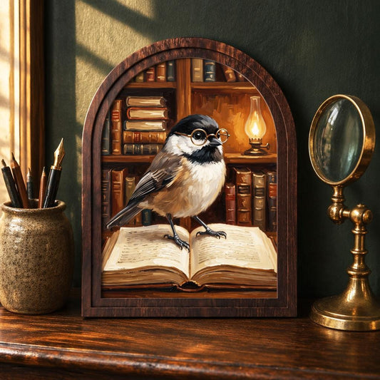 Book Lover Bird Wall Art with Arched Wood Frame, Charming Chickadee Library Painting, Rustic Reading Room Decor, Cozy Cottage Wall Art - Image 1