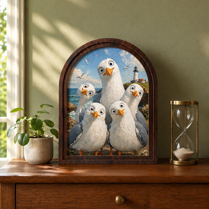 Funny Seagull Wall Art, Cute Coastal Bird Portrait Arched Wood Frame, Lighthouse Seaside Painting, Beach House Decor, Coastal Cottage Accent - Image 3