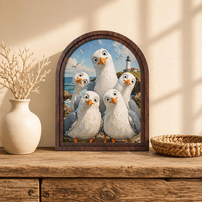 Funny Seagull Wall Art, Cute Coastal Bird Portrait Arched Wood Frame, Lighthouse Seaside Painting, Beach House Decor, Coastal Cottage Accent - Image 1