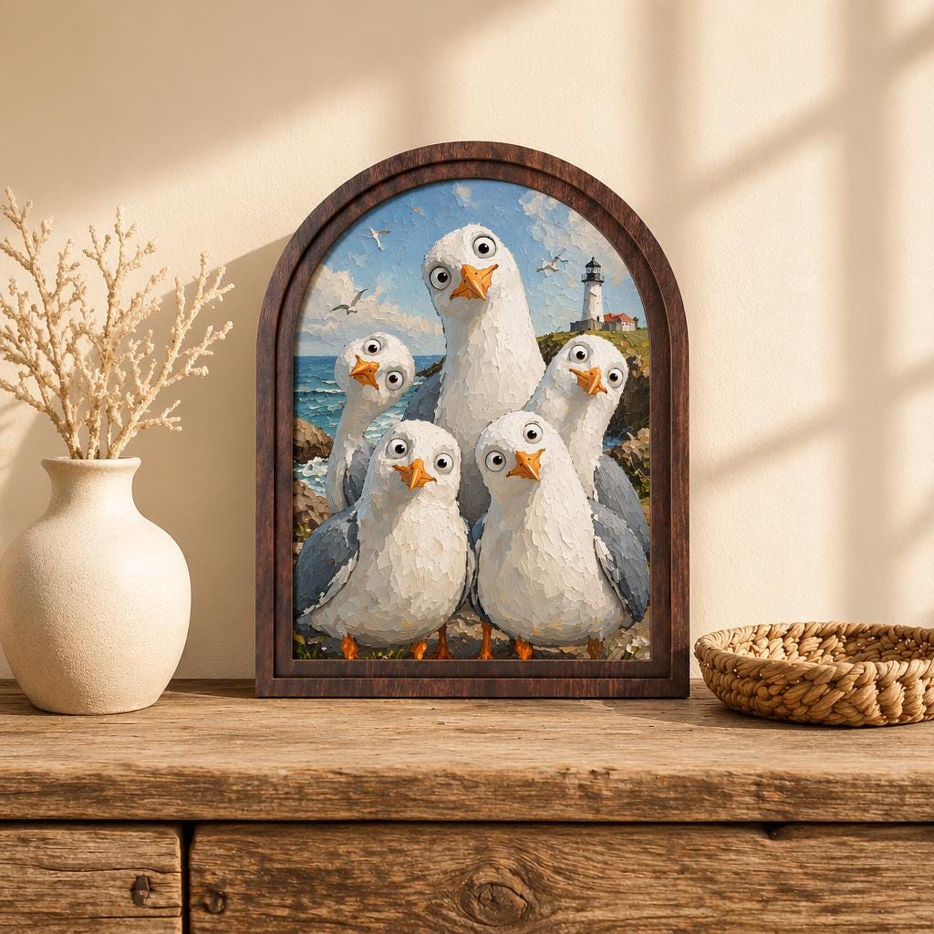Funny Seagull Wall Art, Cute Coastal Bird Portrait Arched Wood Frame, Lighthouse Seaside Painting, Beach House Decor, Coastal Cottage Accent - Image 2