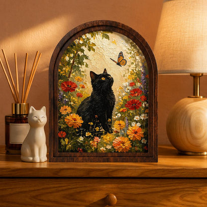 Black Cat Wildflower Wall Art in Arched Wood Frame, Monarch Butterfly Garden Painting, Cottagecore Botanical Decor, Nature Lover Gift - Image 3
