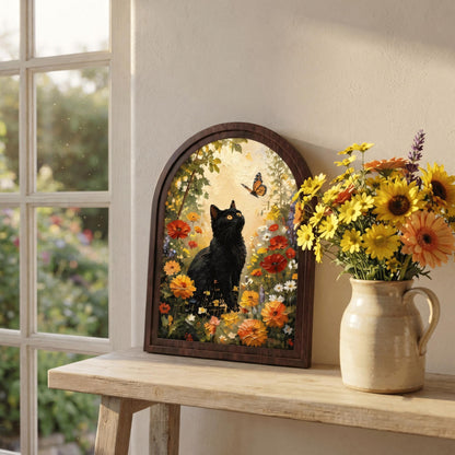 Black Cat Wildflower Wall Art in Arched Wood Frame, Monarch Butterfly Garden Painting, Cottagecore Botanical Decor, Nature Lover Gift - Image 5