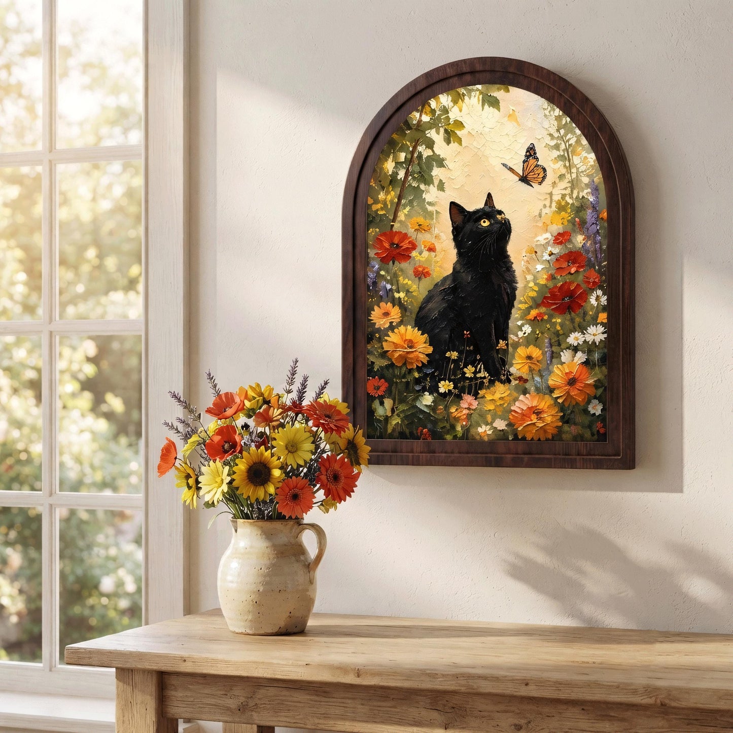 Black Cat Wildflower Wall Art in Arched Wood Frame, Monarch Butterfly Garden Painting, Cottagecore Botanical Decor, Nature Lover Gift - Image 6