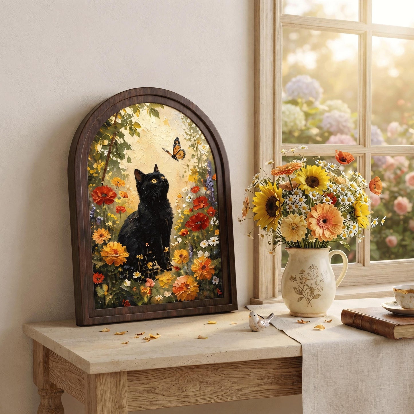 Black Cat Wildflower Wall Art in Arched Wood Frame, Monarch Butterfly Garden Painting, Cottagecore Botanical Decor, Nature Lover Gift - Image 9