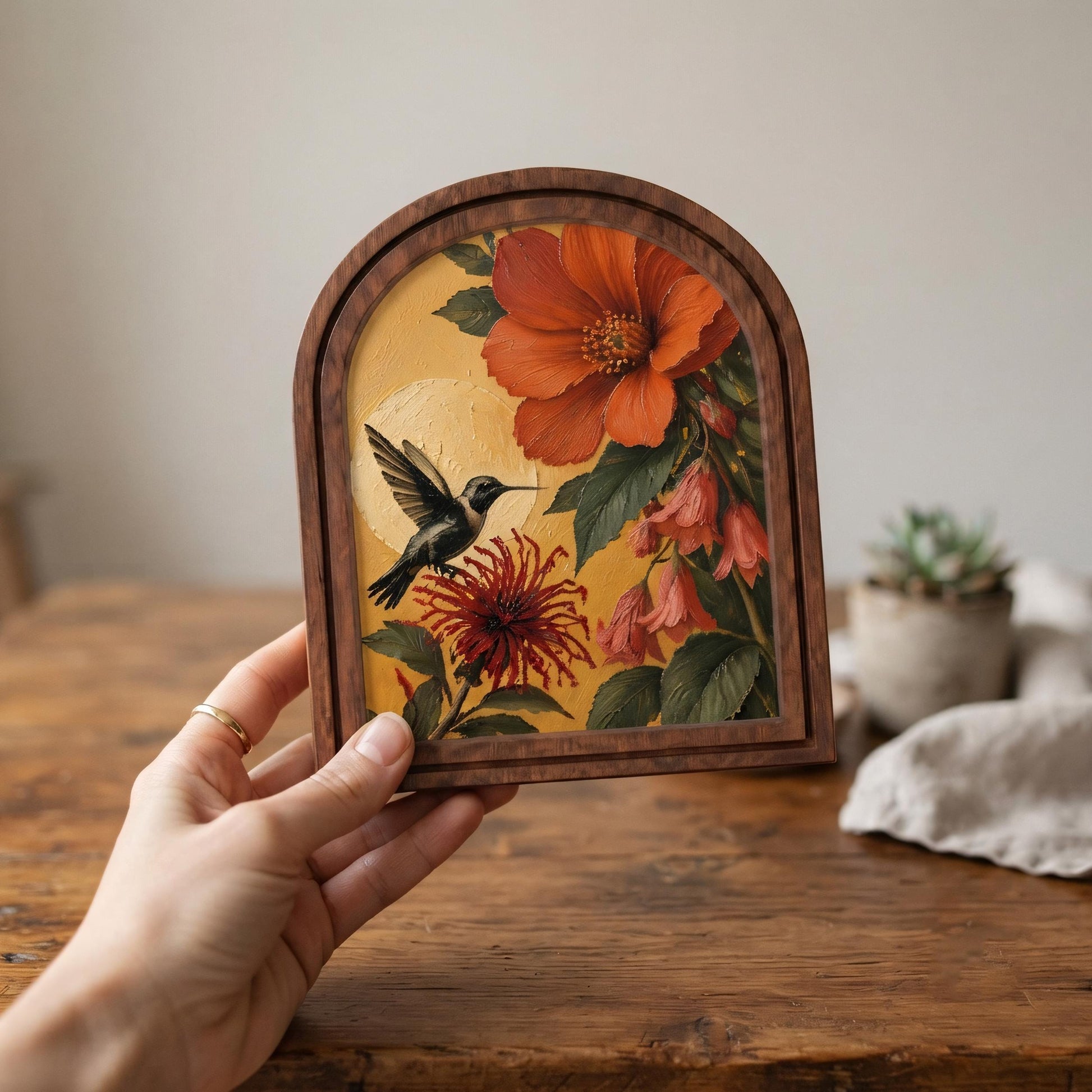 Vibrant Hummingbird & Hibiscus Wall Art, Tropical Floral Bird Painting in Arched Wood Frame, Botanical Nature Decor, Bird Lover Gift - Image 2