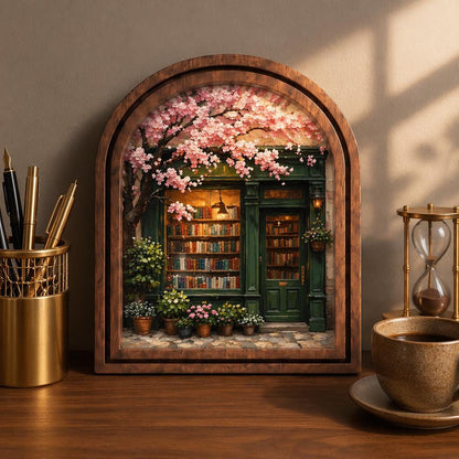 Charming Bookstore Under Cherry Blossoms Wall Art, Cozy Literary Shop Painting in Arched Wood Frame, Book Lover Decor, Reader Gift - Image 4