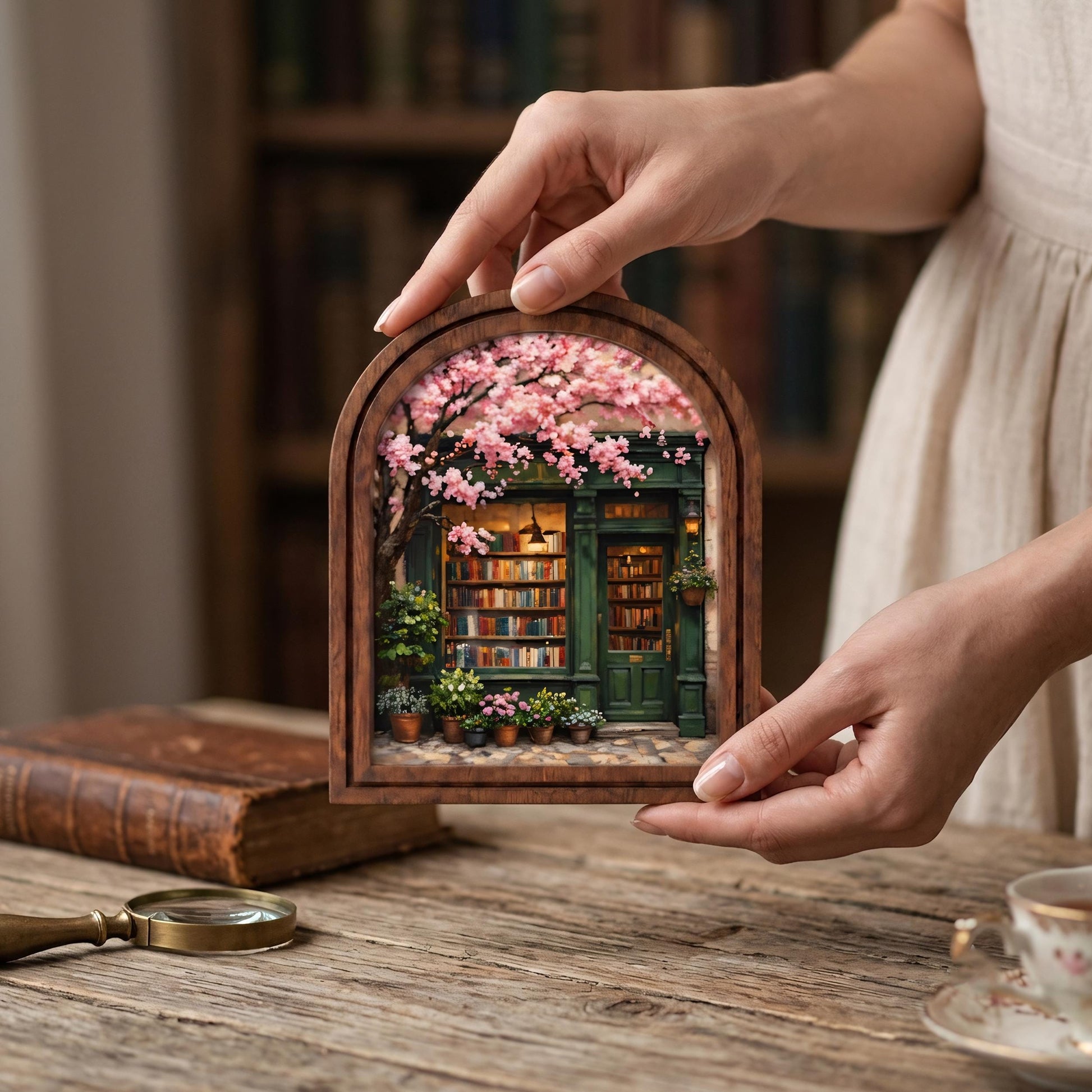 Charming Bookstore Under Cherry Blossoms Wall Art, Cozy Literary Shop Painting in Arched Wood Frame, Book Lover Decor, Reader Gift - Image 3