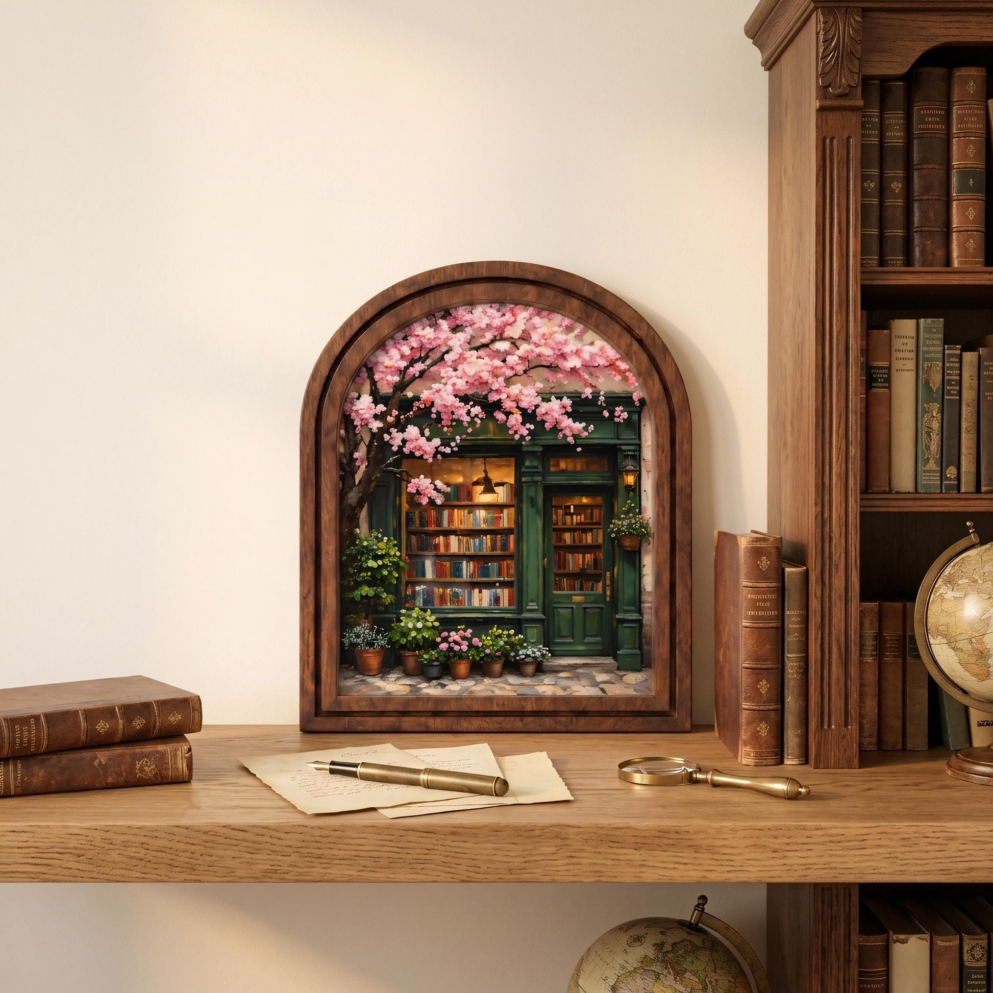Charming Bookstore Under Cherry Blossoms Wall Art, Cozy Literary Shop Painting in Arched Wood Frame, Book Lover Decor, Reader Gift - Image 5