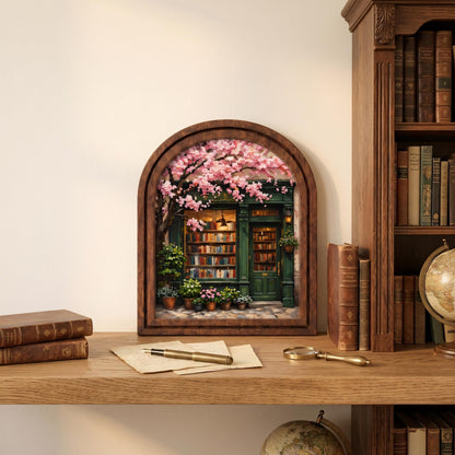 Charming Bookstore Under Cherry Blossoms Wall Art, Cozy Literary Shop Painting in Arched Wood Frame, Book Lover Decor, Reader Gift - Image 5