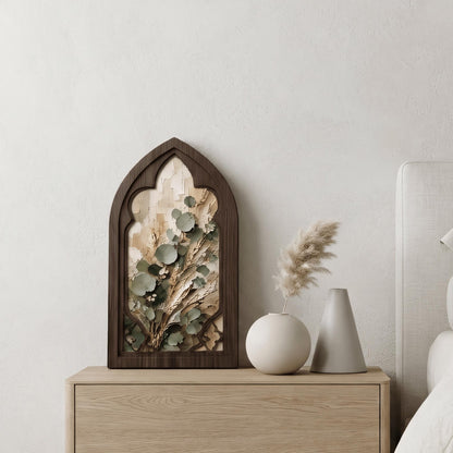 Eucalyptus Botanical Wall Art, Gothic Window Wood Frame, Neutral Nature Canvas, Rustic Farmhouse Decor, Minimalist Home Wall Art - Image 2