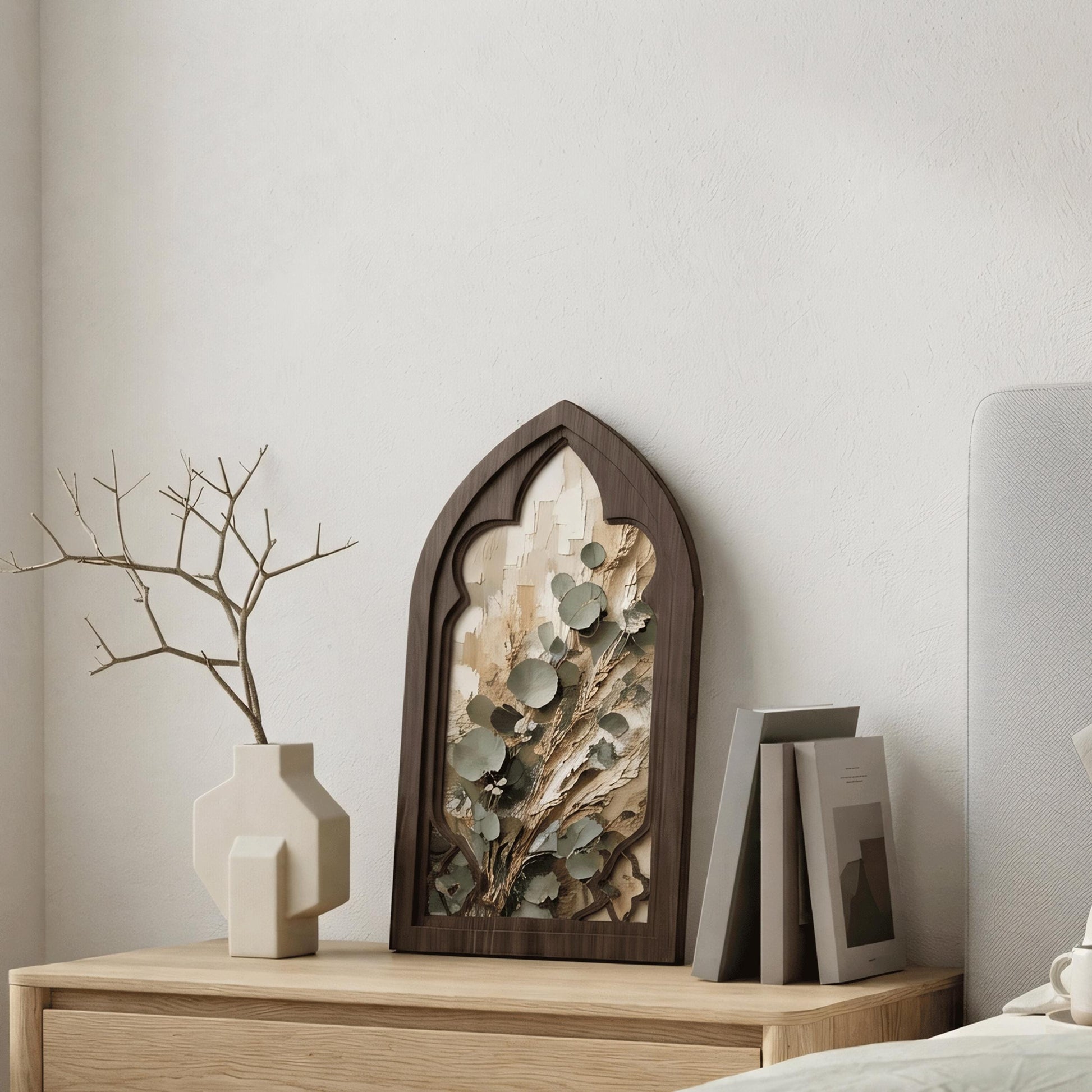 Eucalyptus Botanical Wall Art, Gothic Window Wood Frame, Neutral Nature Canvas, Rustic Farmhouse Decor, Minimalist Home Wall Art - Image 4