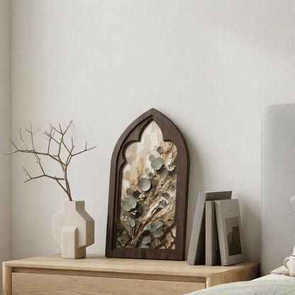 Eucalyptus Botanical Wall Art, Gothic Window Wood Frame, Neutral Nature Canvas, Rustic Farmhouse Decor, Minimalist Home Wall Art - Image 4