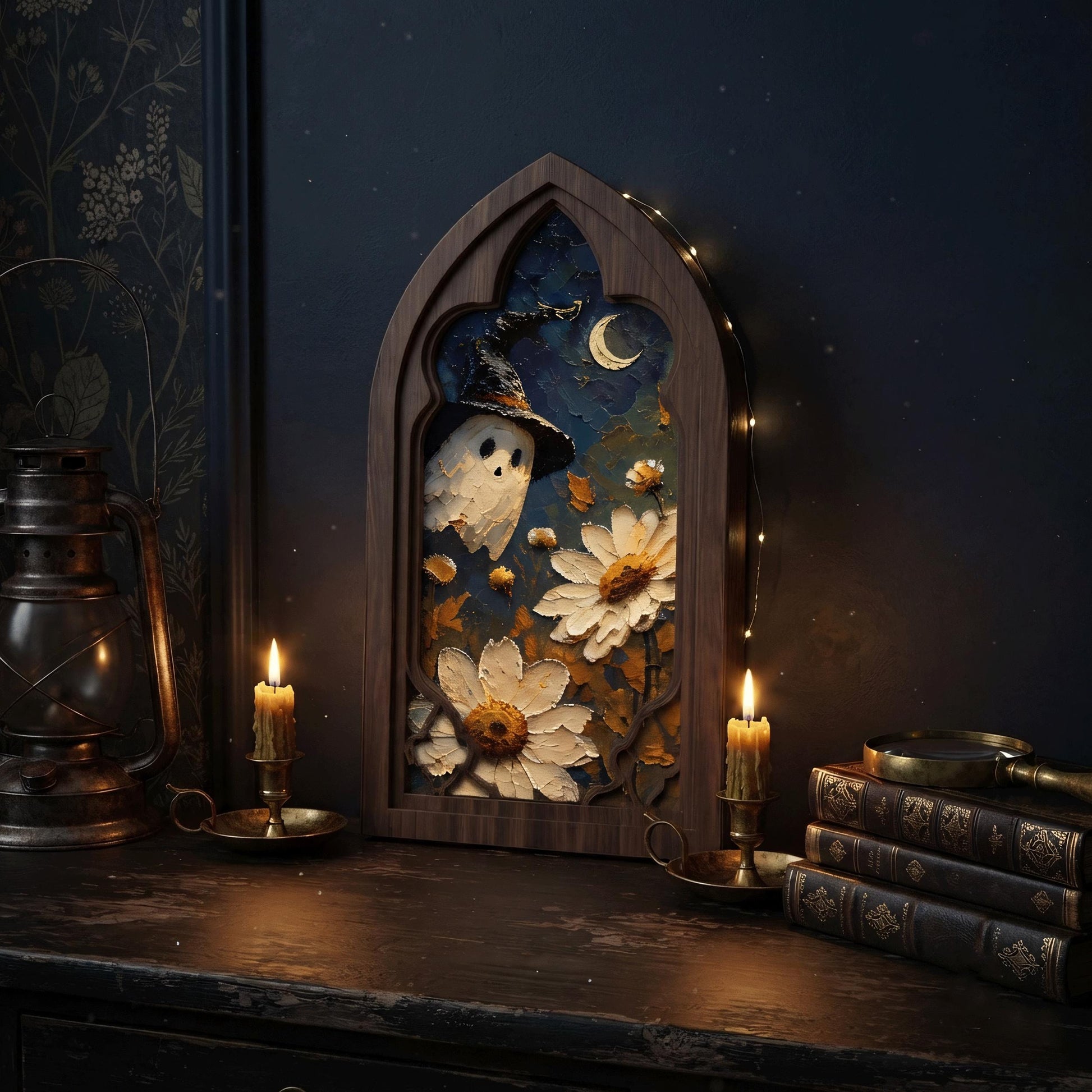 Ghost in Daisy Garden Wall Art, Arched Window Wooden Frame, Whimsical Halloween Canvas, Moonlit Botanical Decor, Fall Gift - Image 3