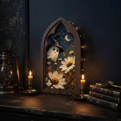 Ghost in Daisy Garden Wall Art, Arched Window Wooden Frame, Whimsical Halloween Canvas, Moonlit Botanical Decor, Fall Gift - Image 3